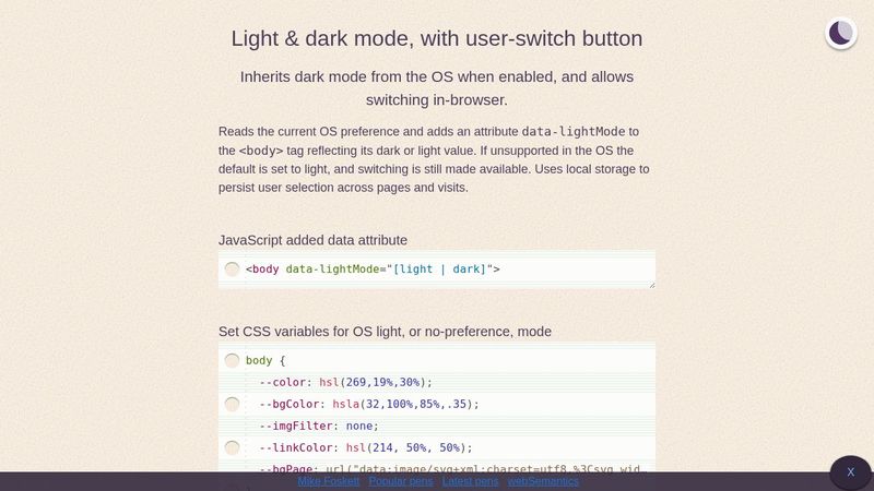 Light & dark mode, with user-switch button