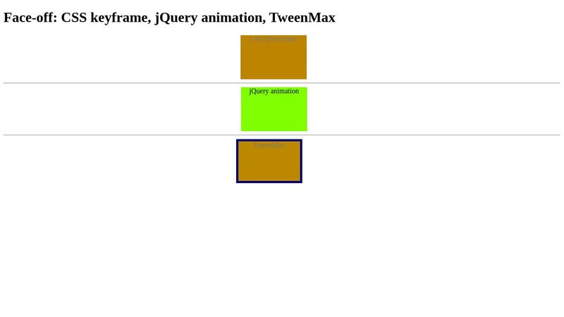 Face-off: CSS keyframe / jQuery animation/ TweenMax Face-off: CSS keyframe / jQuery animation/ TweenMax