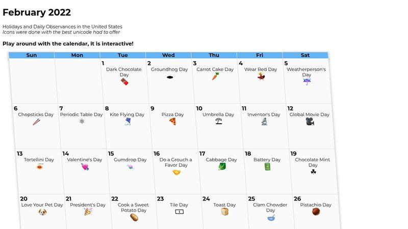 February 2022 Interactive Calendar