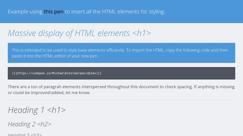 Example of Codepen HTML import used for styling HTML elements