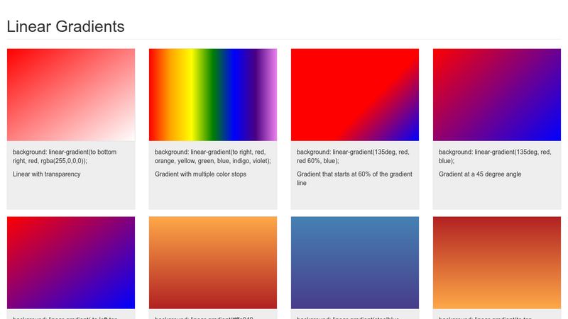 Gradient examples showcase cung cấp cho bạn những dẫn chứng thực tế về cách sử dụng gradient hiệu quả trong thiết kế website. Hãy xem hình ảnh liên quan để tìm hiểu về những mẫu gradient đẹp mắt và học cách áp dụng chúng vào thiết kế của bạn nhé!