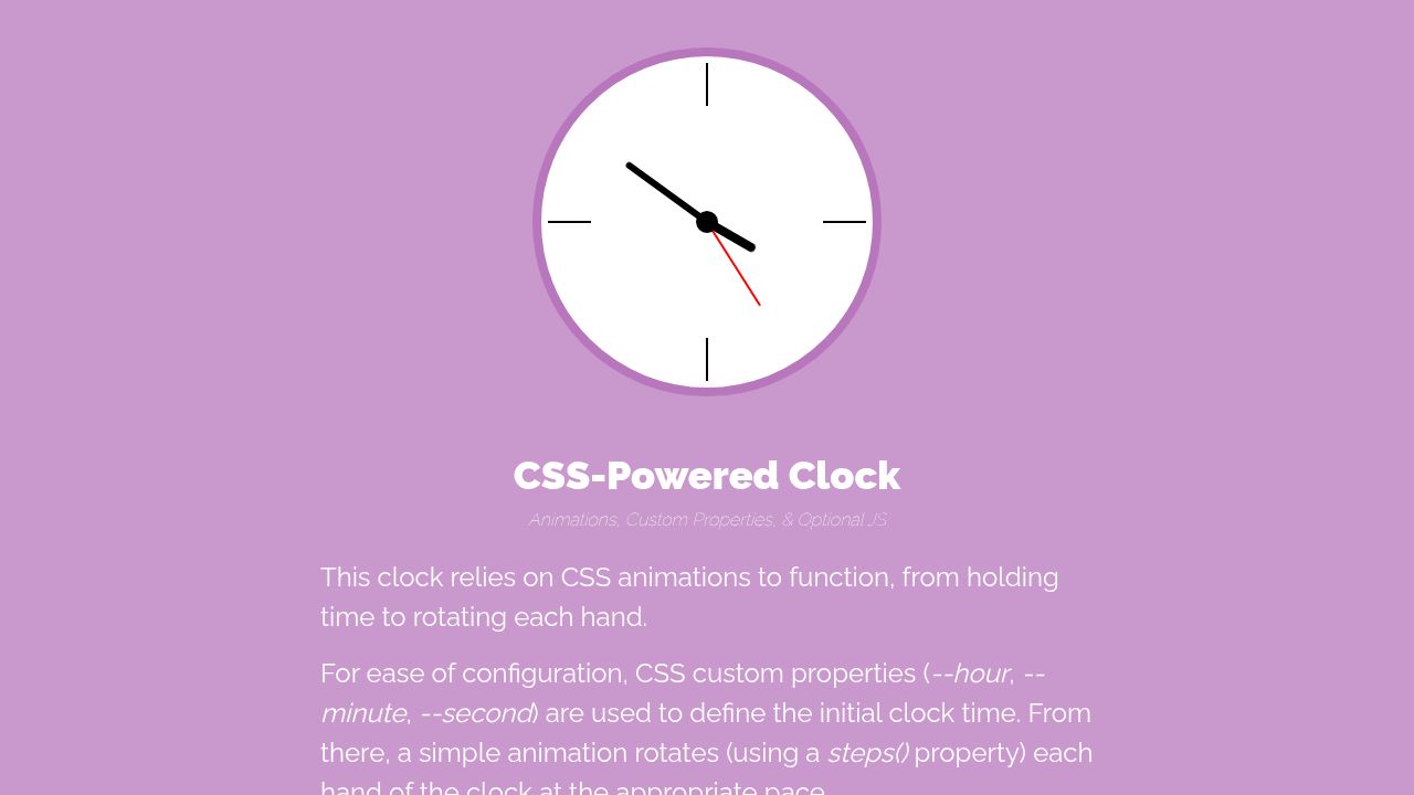 CSS-Powered Clock (Animations, Custom Properties, & Optional JS) CSS-Powered Clock (Animations, Custom Properties, & Optional JS)