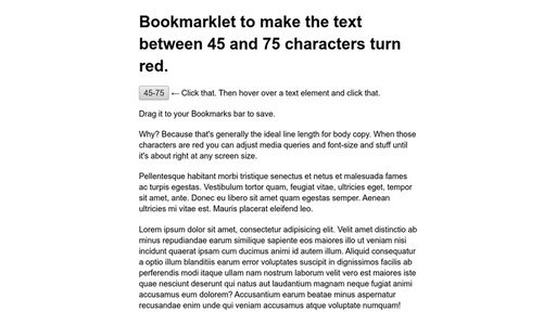 Bookmarklet to make the text between 45 and 75 characters turn red. - Script Codes