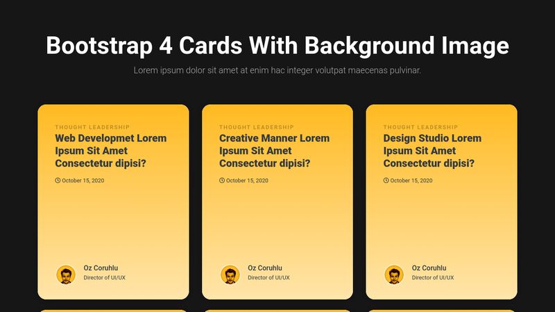 Bootstrap 4 Card With Background Image: Bạn muốn sử dụng hình ảnh nền trong phần chủ đề của mình và muốn tạo ra một hiệu ứng trông rất đẹp mắt? Đó là điều dễ dàng với Bootstrap 4 Card. Xem ảnh liên quan để biết cách tạo ra một phần chủ đề đẹp mắt với hình ảnh nền trong Bootstrap.