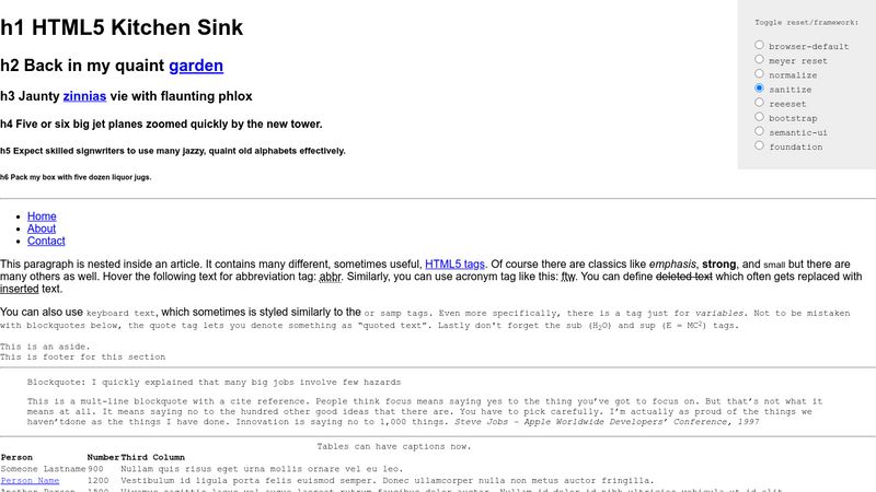 html kitchen sink example