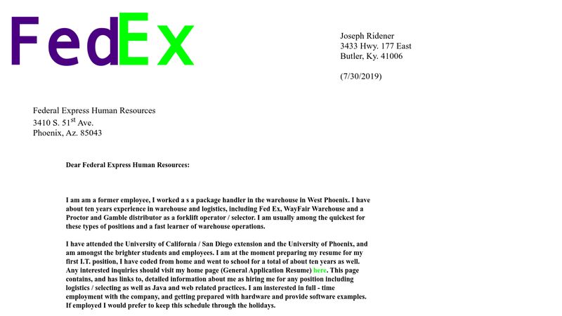 cover letter for fedex driver