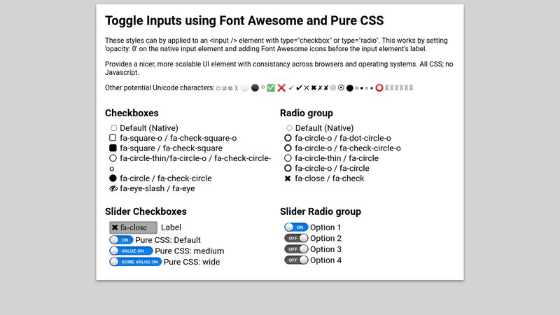Toggle inputs pure CSS là một tính năng đáng chú ý hỗ trợ cho giao diện người dùng trên trang web. Chúng giúp tăng tính tương tác và trải nghiệm người dùng trên trang web của bạn. Hãy xem hình ảnh liên quan để thấy tính năng này được áp dụng tốt trên trang web của bạn.