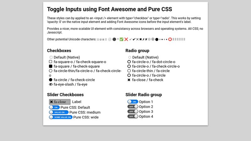 Toggle inputs pure CSS là một tính năng đáng chú ý hỗ trợ cho giao diện người dùng trên trang web. Chúng giúp tăng tính tương tác và trải nghiệm người dùng trên trang web của bạn. Hãy xem hình ảnh liên quan để thấy tính năng này được áp dụng tốt trên trang web của bạn.