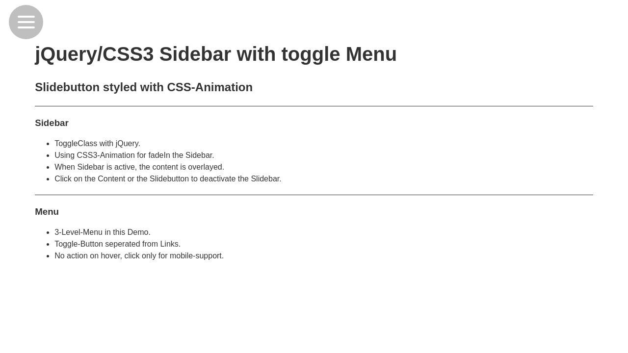 jQuery/CSS3 Sidebar with Navigation jQuery/CSS3 Sidebar with Navigation