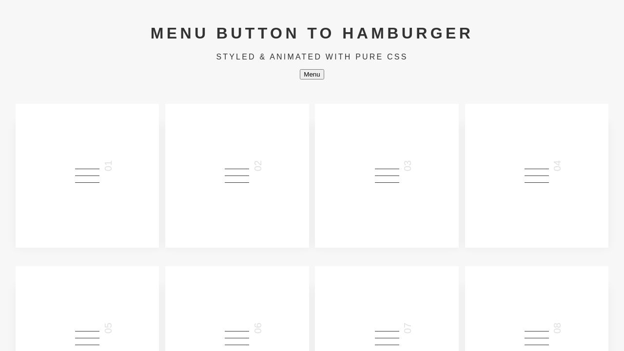 Menu button to Hamburger - styled & animated with pure CSS Menu button to Hamburger - styled & animated with pure CSS