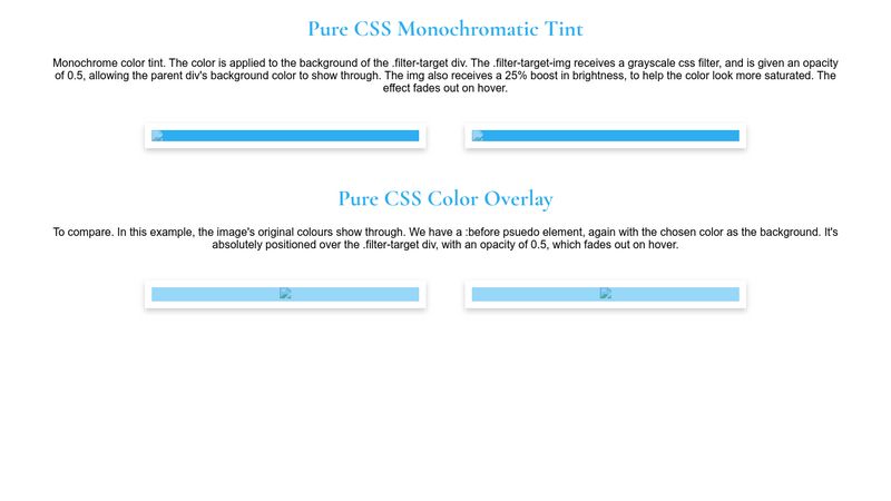 CSS Color Tint Overlays là giải pháp tuyệt vời để tạo ra những trang web đầy sáng tạo và chuyên nghiệp. Với các lớp tô màu trông vô cùng đẹp mắt, bạn có thể tạo ra nhiều hiệu ứng khác nhau để trang web của mình thật sự nổi bật. Hãy xem qua những hình ảnh liên quan để cảm nhận sự độc đáo của CSS Color Tint Overlays.