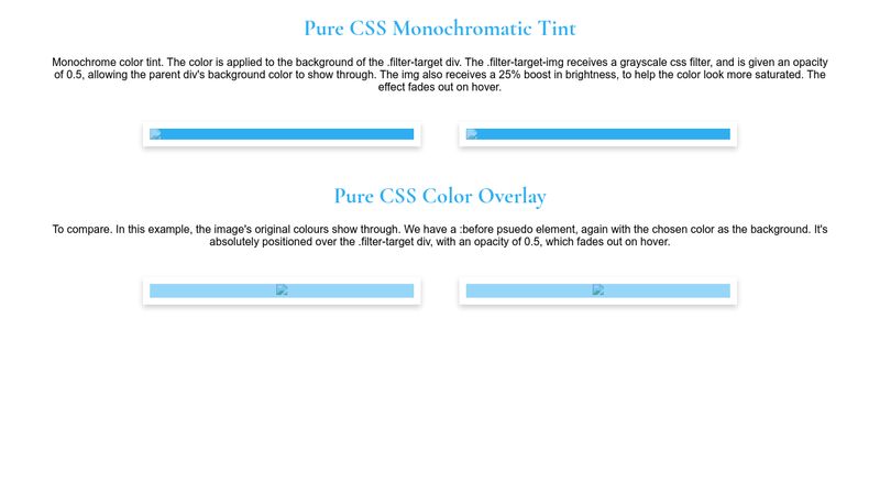 CSS Color Tint Overlays: Bạn có muốn biết cách tạo những hiệu ứng màu sắc đẹp mắt trên trang web của mình không? Hãy xem hình ảnh về CSS Color Tint Overlays và khám phá cách tạo ra những bức ảnh đẹp và ấn tượng hơn với CSS!