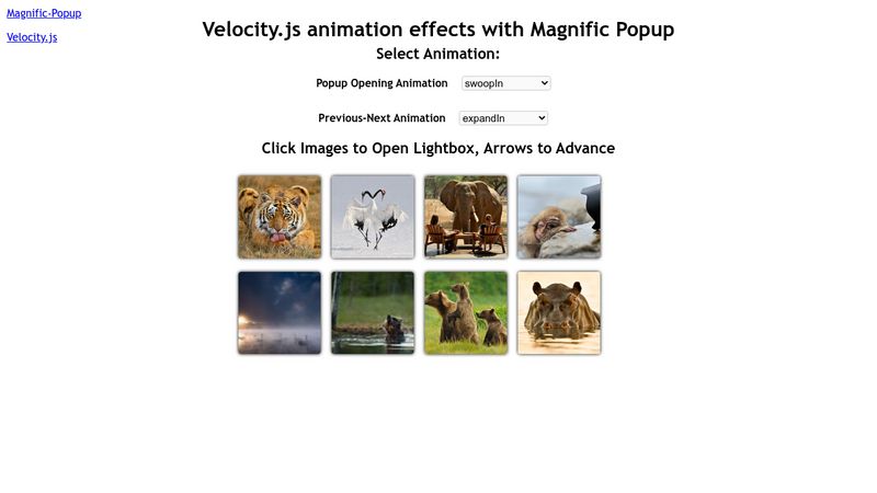 Velocity animation effects for Magnific Popup