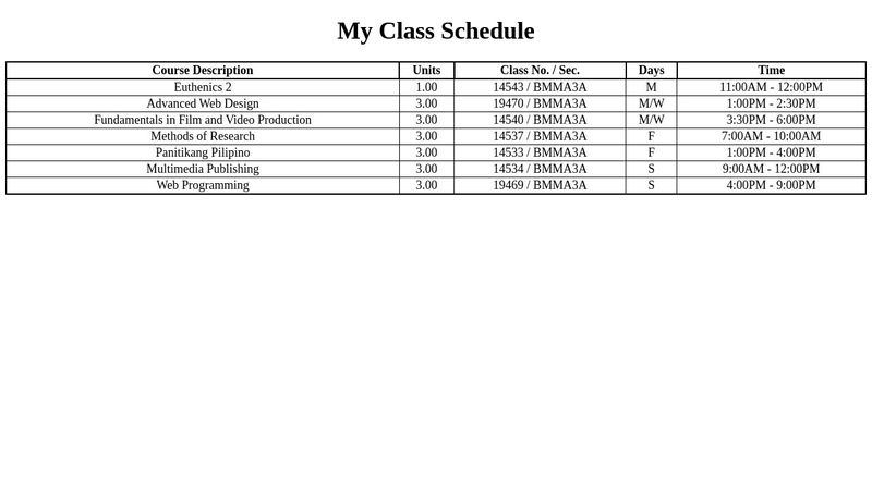 Class Schedule Table