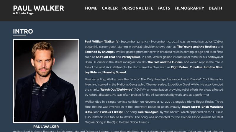 Freecodecamp Paul Walker Tribute Page