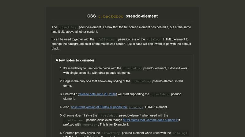 CSS ::backdrop pseudo-element