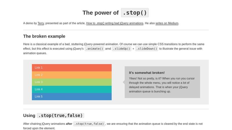 How to .stop() writing bad jQuery animations How to .stop() writing bad jQuery animations