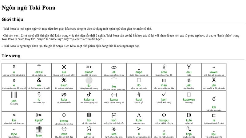 Toki Pona là một ngôn ngữ đơn giản và dễ hiểu, lý tưởng cho những người mới bắt đầu học ngôn ngữ mới. Nếu bạn muốn khám phá và học thêm về Toki Pona, hãy xem hình ảnh này để tìm hiểu về cấu trúc và cách sử dụng của nó.