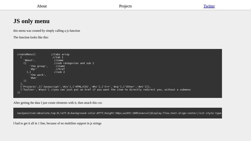 JS Only (no css and html needed) menu with parameters