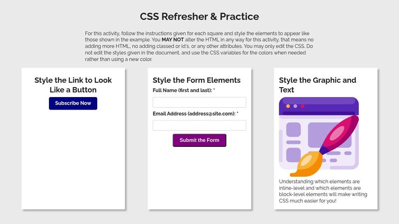 CSS Refresher and Practice - Mini Activity - STARTER - FORK