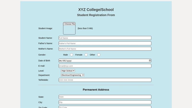 Student Registration Form in HTML