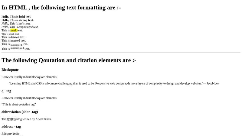 HTML Text Formatting , Quotation & comments