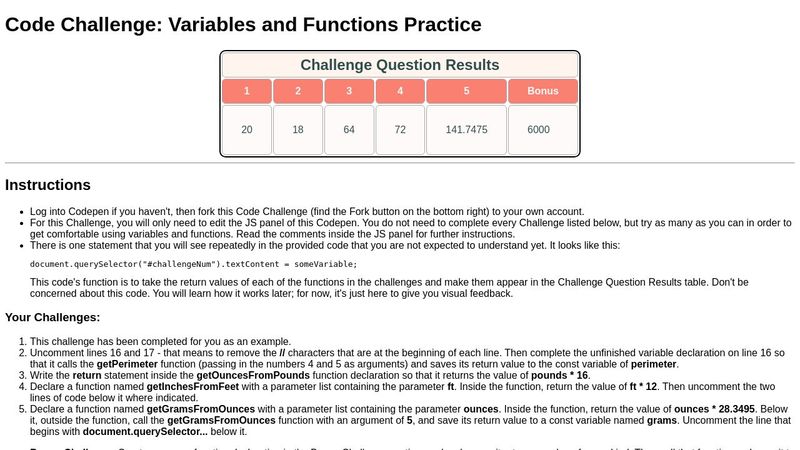 Code Challenge: Variables and Functions Practice