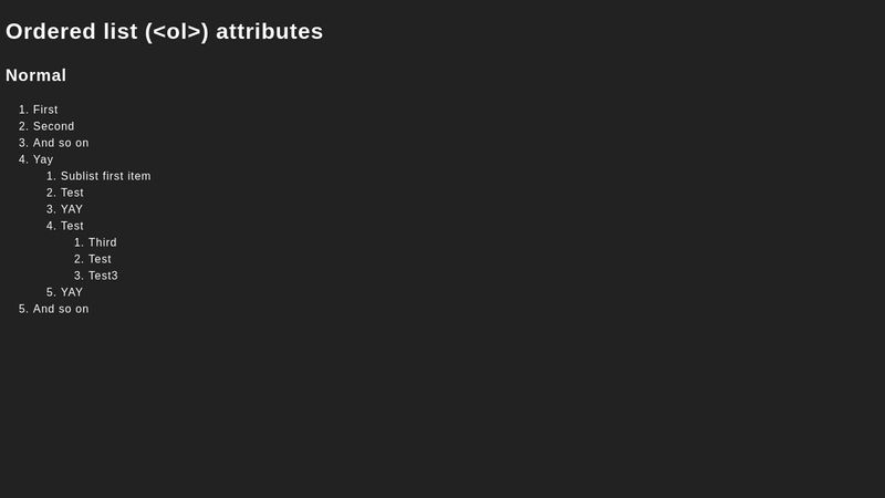 HTML ordered list start / reversed / type attributes