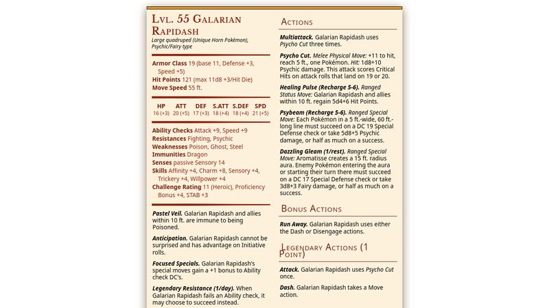 D&D 5E Gym Leader Galarian Rapidash Statblock