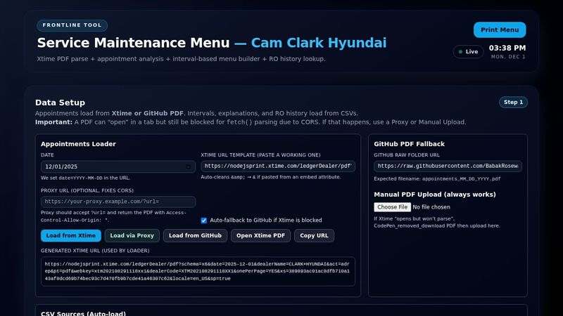 Service Maintenance Menu — Step 1