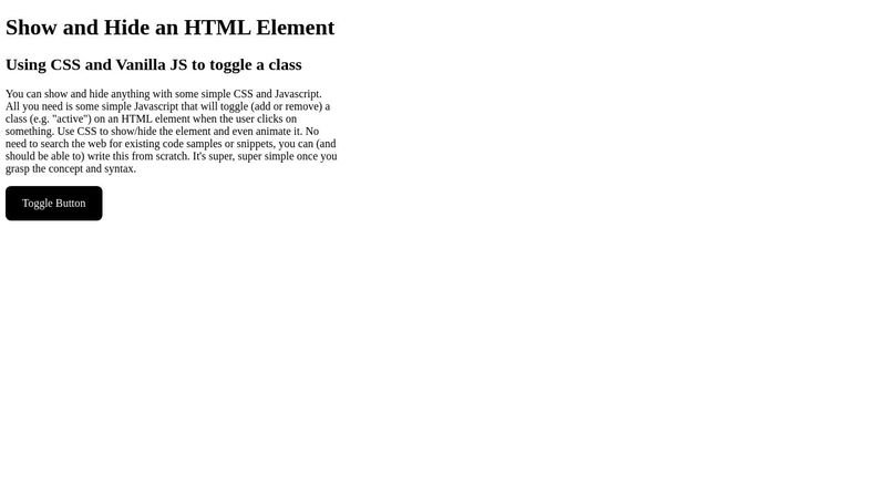 Show and Hide Example Using CSS and Vanilla JS