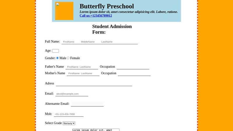 preschool admission form using HTML, CSS