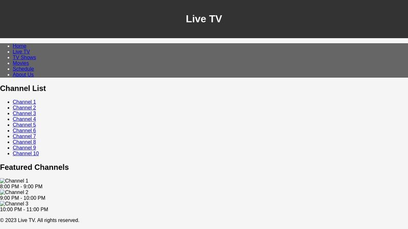 HTML and CSS template for a live TV website with a channel list in a ...
