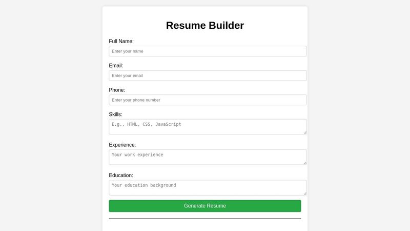 Resume Builder using HTML, CSS, and JavaScript.
