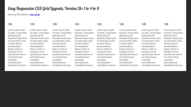 Easy Responsive CSS Grid Layout, Version 2b: 1 To 4 To 8