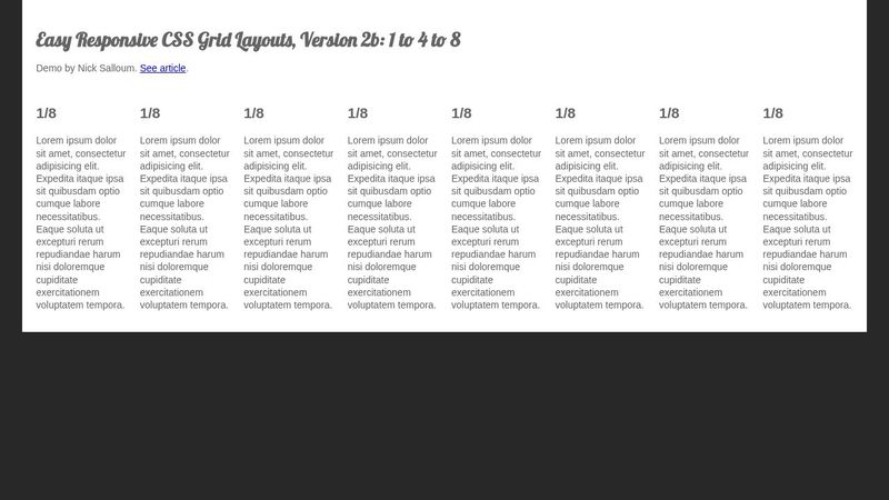 Easy Responsive CSS Grid Layout, Version 2b: 1 to 4 to 8