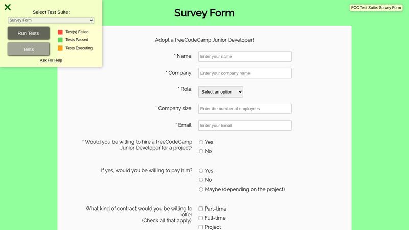 Junior Dev Survey Form | freeCodeCamp (FCC) | Responsive Web Design Project