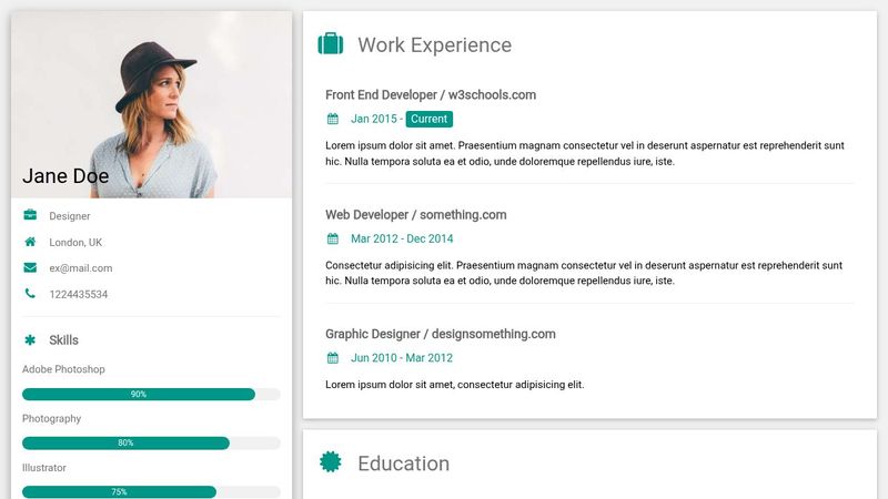 Simple One Page CV / Resume - W3.CSS Template