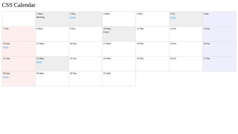 CSS Calendar Example