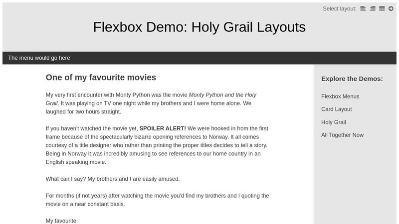 Flexbox Holy Grail Layouts demo