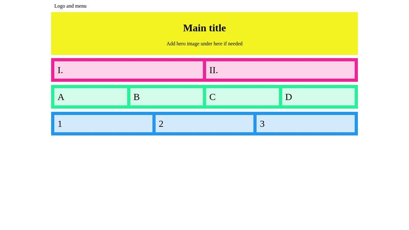 Sections with 2 and 4 columns and Footer with 3 columns using css grid
