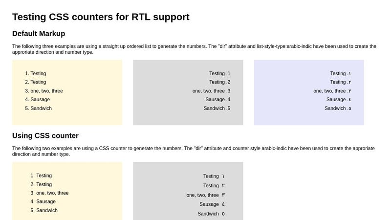 CSS Counters - Decimal and Arabic example