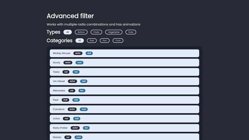 Pure CSS filters (transitions, multiselect)