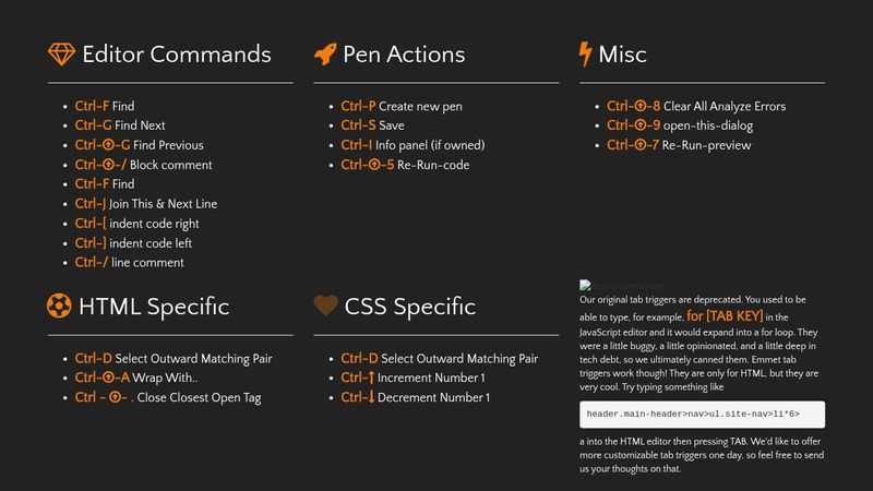 Codepen Shortcut List