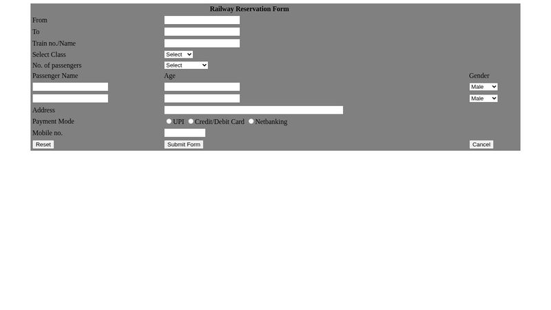 Railway Reservation Form using only HTML