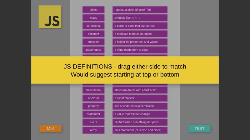 JavaScript Terms and Definitions Matching E-learning App - made with ZIM