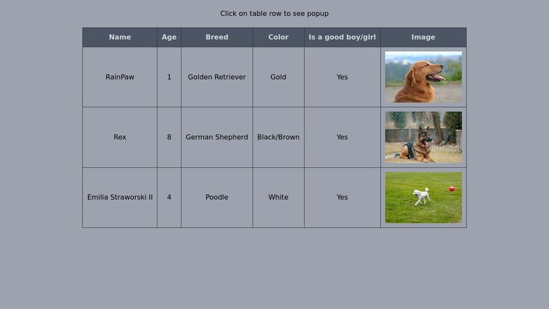 HTML Table with dynamic popup