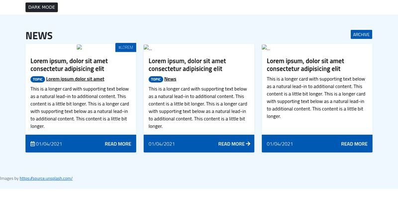 Bootstrap 5 responsive home page news card with dark mode