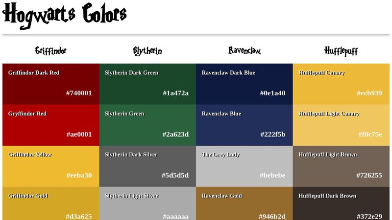 Hogwarts HEX Color Palette