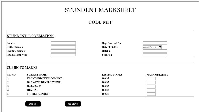MarkSheet using HTML, PHP, CSS and JavaScript
